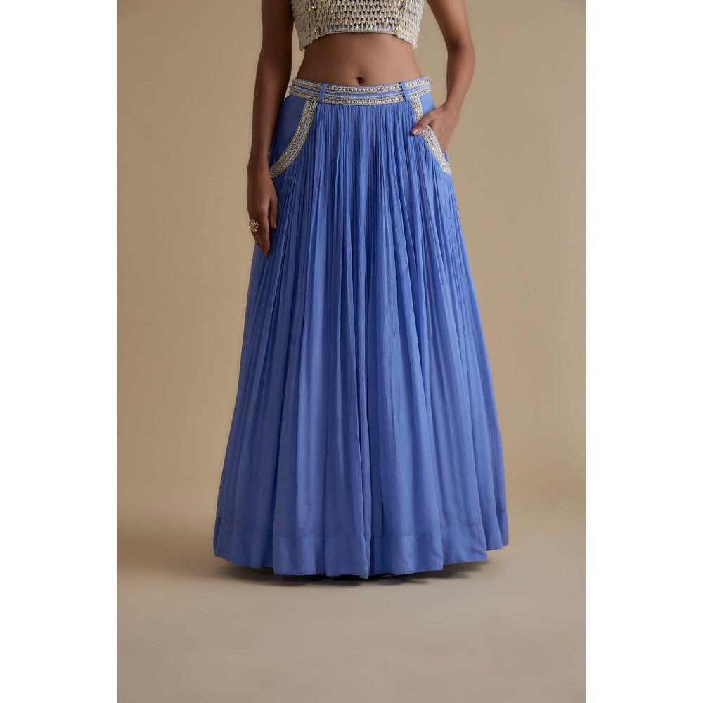 KEITH GOMES Blue Mirror And Bead Embroidered Blouse & Skirt (Set of 2)