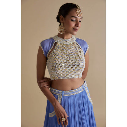 KEITH GOMES Blue Mirror And Bead Embroidered Blouse & Skirt (Set of 2)