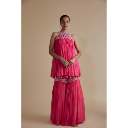 KEITH GOMES Pink Glass Bead Embellished Incut Tunic & Sharara (Set of 2)