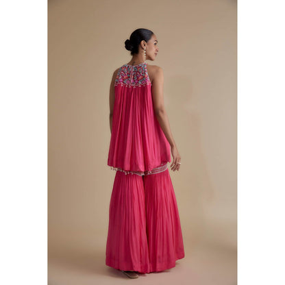 KEITH GOMES Pink Glass Bead Embellished Incut Tunic & Sharara (Set of 2)