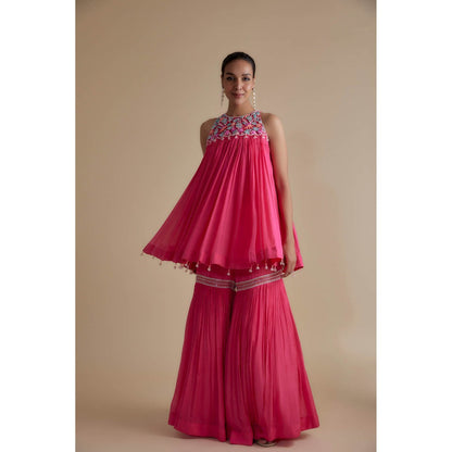 KEITH GOMES Pink Glass Bead Embellished Incut Tunic & Sharara (Set of 2)