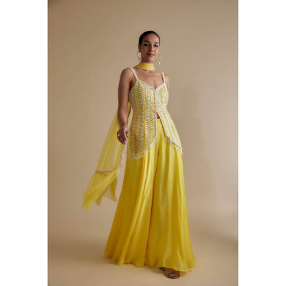 KEITH GOMES Yellow Sequins & Bead Embroidered Tunic Palazzo & Dupatta (Set of 3)