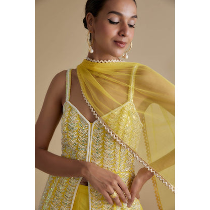KEITH GOMES Yellow Sequins & Bead Embroidered Tunic Palazzo & Dupatta (Set of 3)