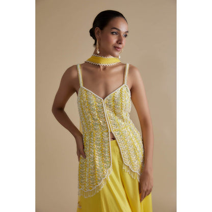 KEITH GOMES Yellow Sequins & Bead Embroidered Tunic Palazzo & Dupatta (Set of 3)