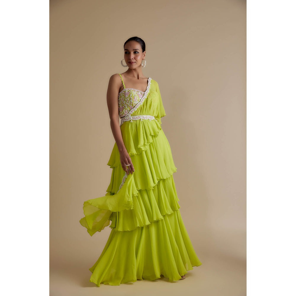 KEITH GOMES Sequins Embellished Blouse With A Skirt Attached With A Drape (Set of 3)