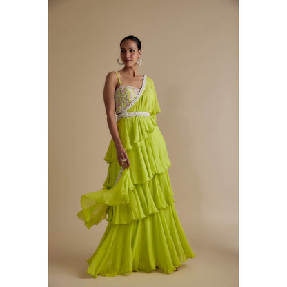 KEITH GOMES Sequins Embellished Blouse With A Skirt Attached With A Drape (Set of 3)