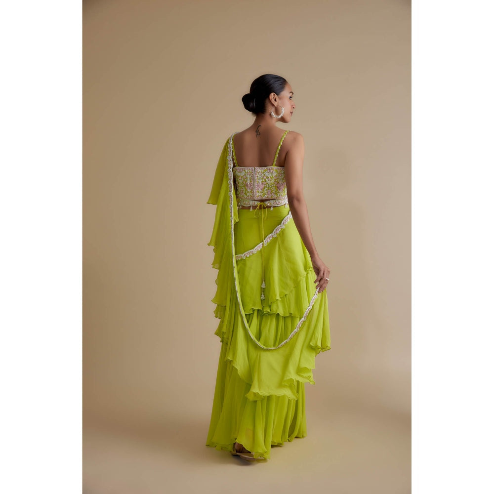 KEITH GOMES Sequins Embellished Blouse With A Skirt Attached With A Drape (Set of 3)