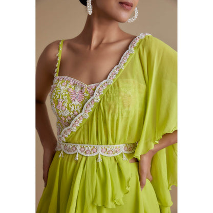 KEITH GOMES Sequins Embellished Blouse With A Skirt Attached With A Drape (Set of 3)