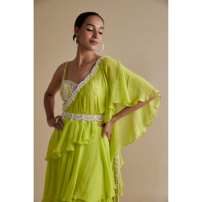 KEITH GOMES Sequins Embellished Blouse With A Skirt Attached With A Drape (Set of 3)