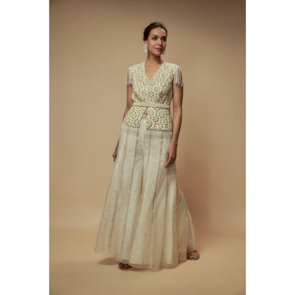 KEITH GOMES Ivory Peplum Top With Palazzo And Belt (Set of 3)