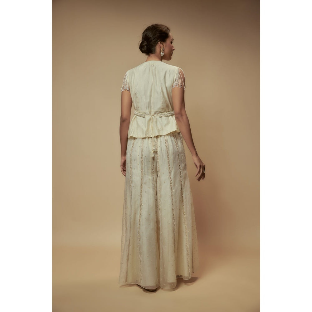 KEITH GOMES Ivory Peplum Top With Palazzo And Belt (Set of 3)