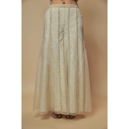 KEITH GOMES Ivory Peplum Top With Palazzo And Belt (Set of 3)