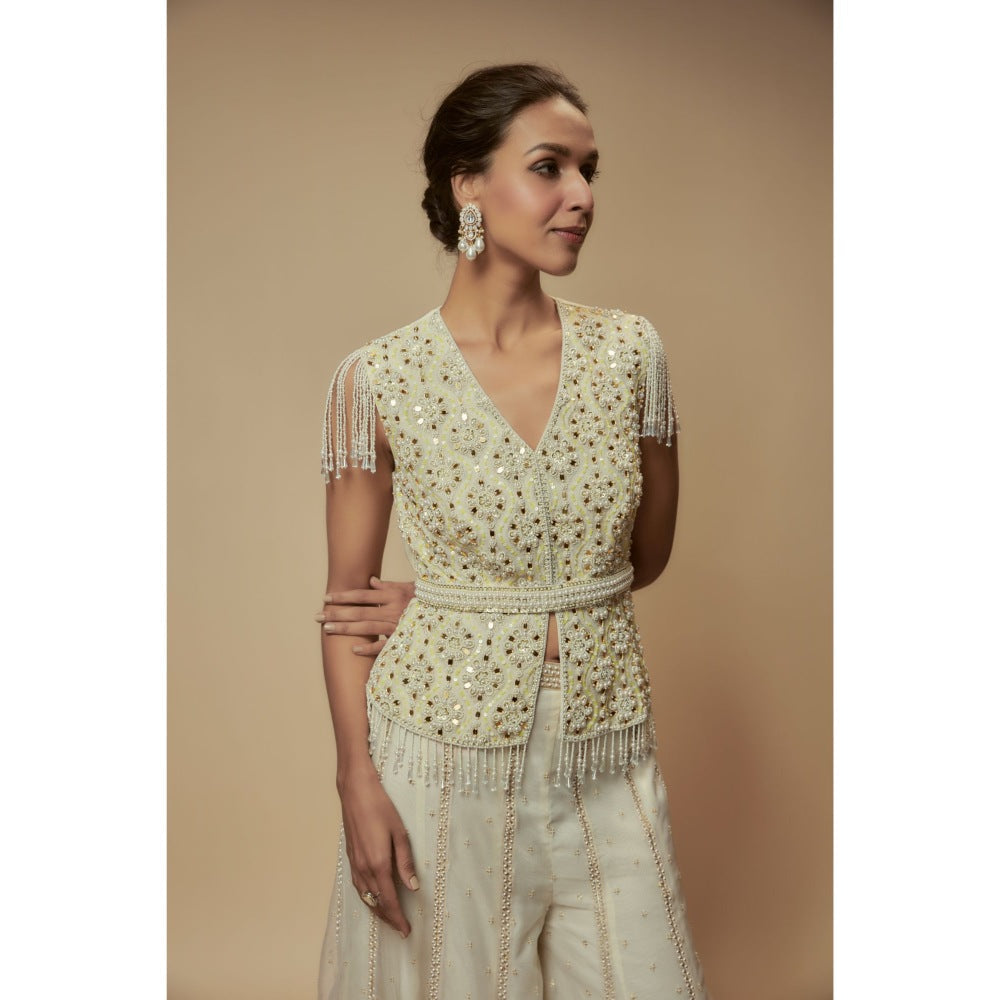 KEITH GOMES Ivory Peplum Top With Palazzo And Belt (Set of 3)