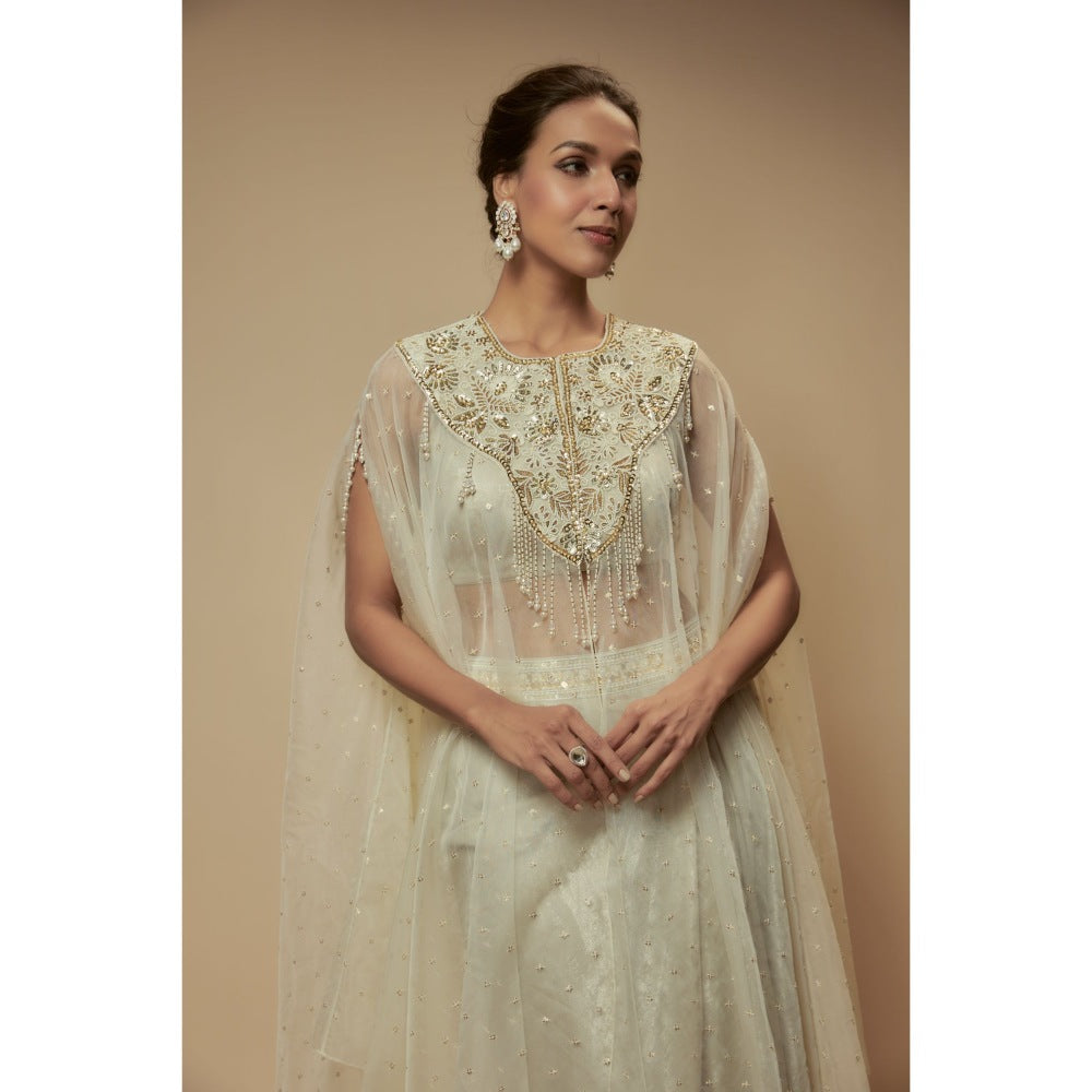KEITH GOMES Ivory Organza Cape With Drape Skirt And Blouse (Set of 3)