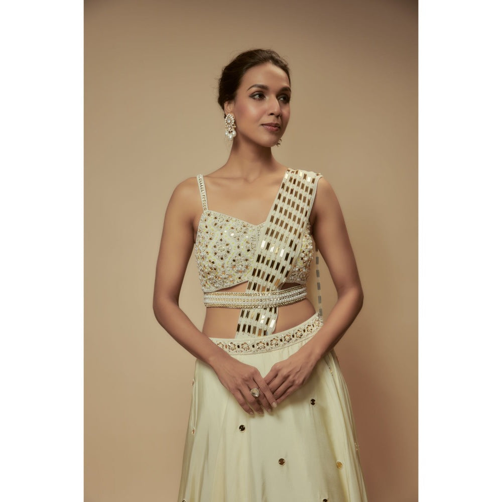 KEITH GOMES Ivory Mirror Lehenga With Blouse And Drape (Set of 3)