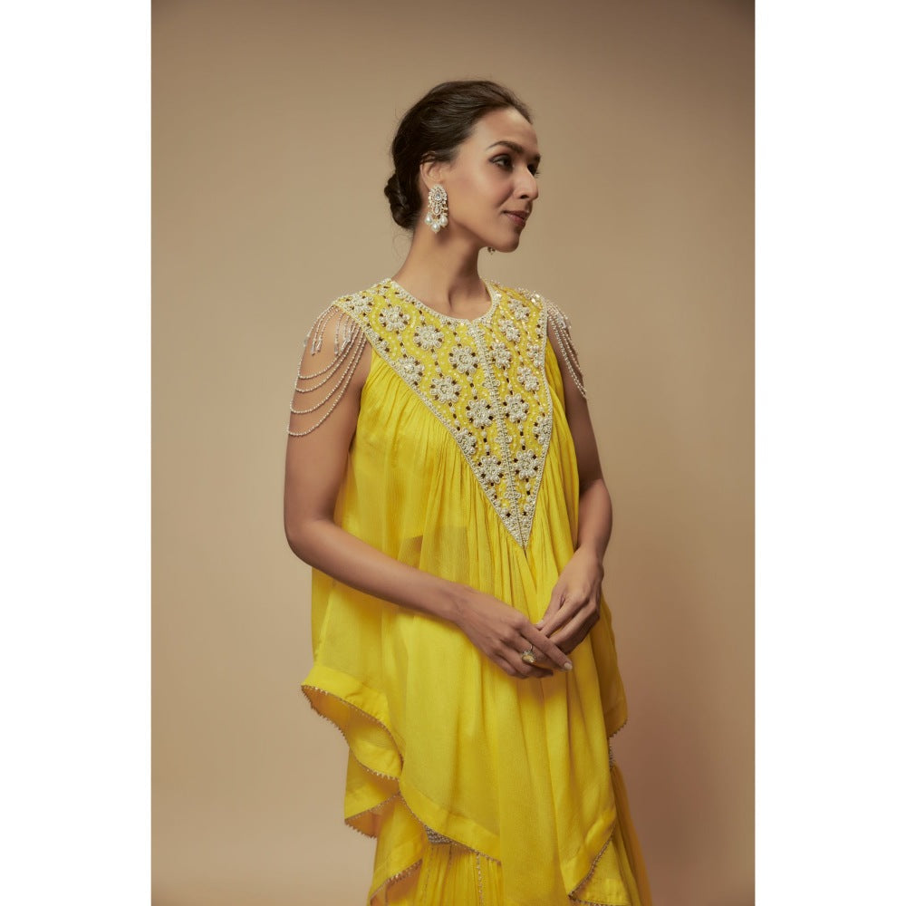 KEITH GOMES Yellow Bead Sharara With Tunic And Slip (Set of 3)