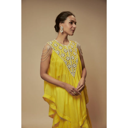 KEITH GOMES Yellow Bead Sharara With Tunic And Slip (Set of 3)