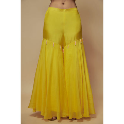 KEITH GOMES Yellow Organza Sharara With Tunic And Dupatta (Set of 3)