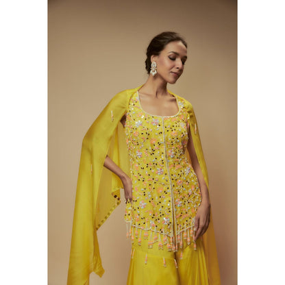 KEITH GOMES Yellow Organza Sharara With Tunic And Dupatta (Set of 3)