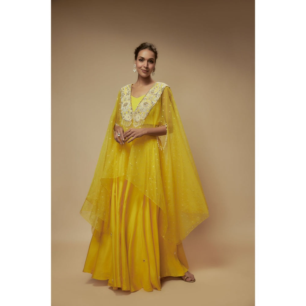 KEITH GOMES Yellow Organza Cape With Blouse And Palazzo (Set of 3)