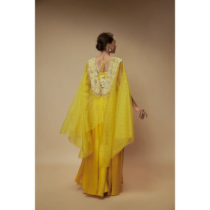 KEITH GOMES Yellow Organza Cape With Blouse And Palazzo (Set of 3)