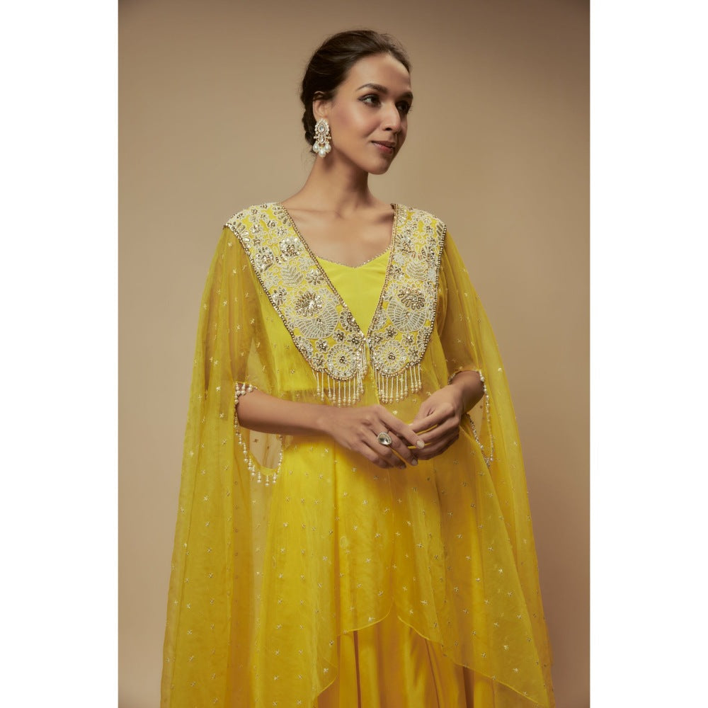 KEITH GOMES Yellow Organza Cape With Blouse And Palazzo (Set of 3)