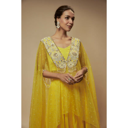 KEITH GOMES Yellow Organza Cape With Blouse And Palazzo (Set of 3)
