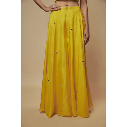 KEITH GOMES Yellow Organza Cape With Blouse And Palazzo (Set of 3)
