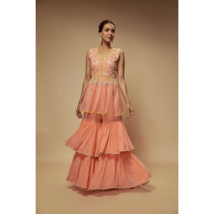 KEITH GOMES Peach Organza Peplum Top With Sharara (Set of 2)