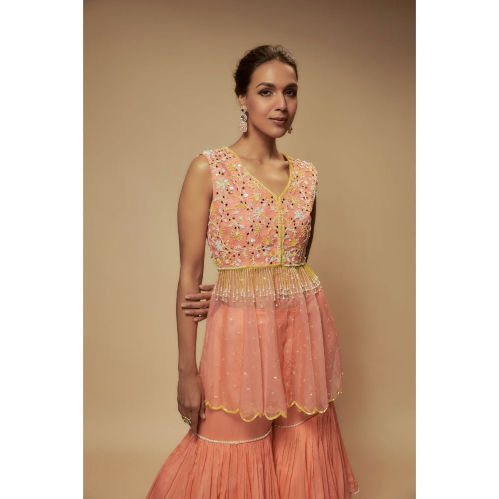 KEITH GOMES Peach Organza Peplum Top With Sharara (Set of 2)