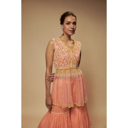 KEITH GOMES Peach Organza Peplum Top With Sharara (Set of 2)