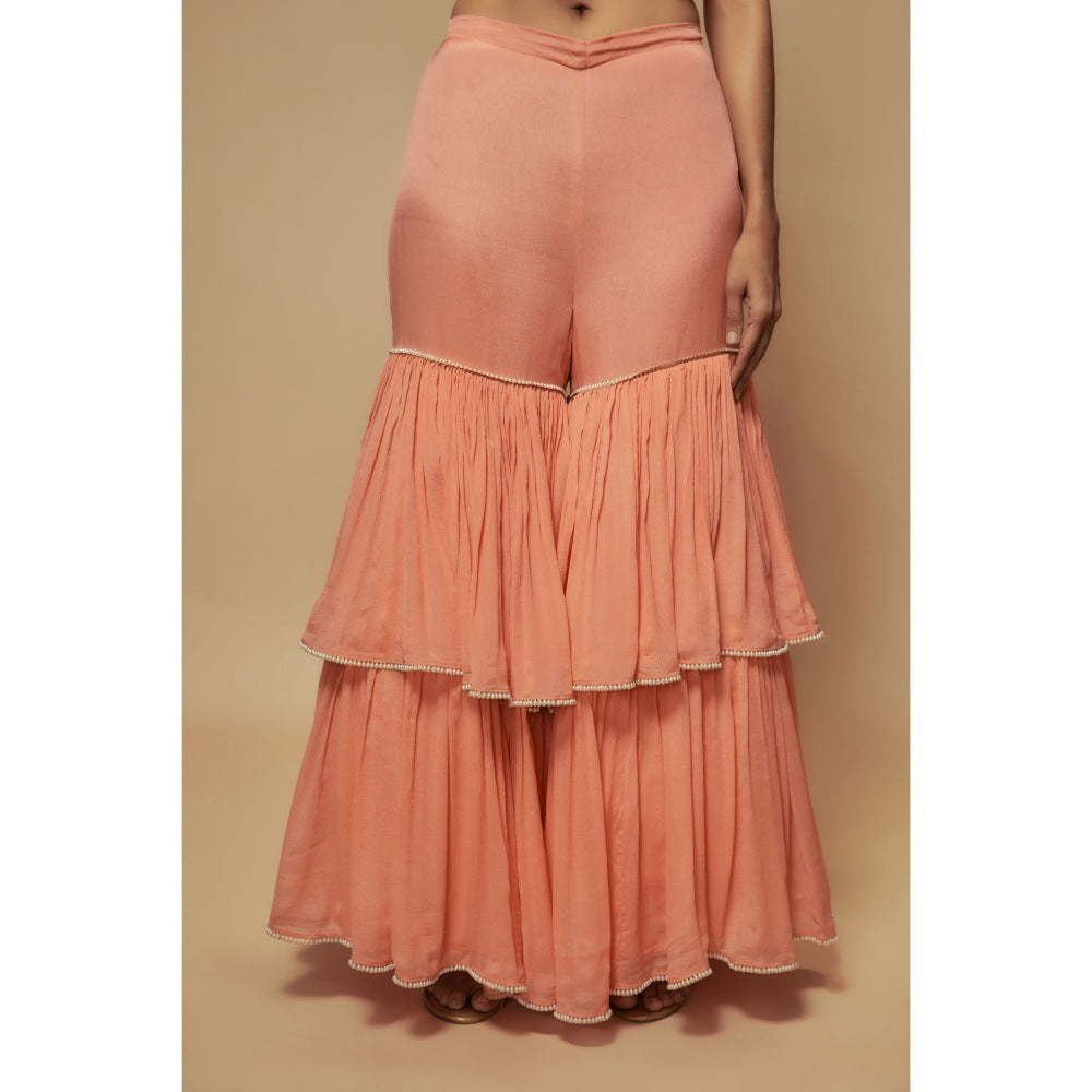 KEITH GOMES Peach Organza Peplum Top With Sharara (Set of 2)