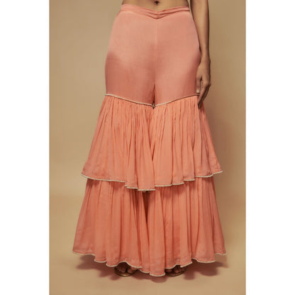 KEITH GOMES Peach Organza Peplum Top With Sharara (Set of 2)