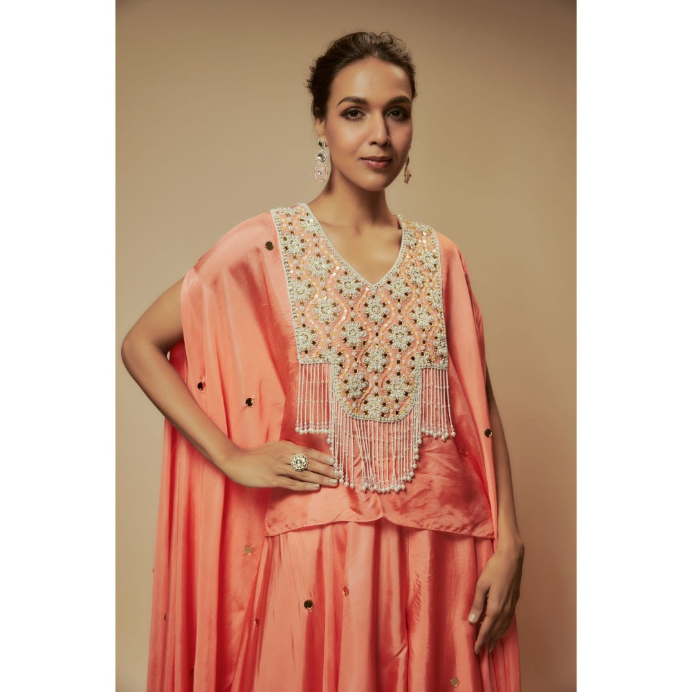 KEITH GOMES Peach Silk Flare Palazzo With Top And Slip (Set of 3)