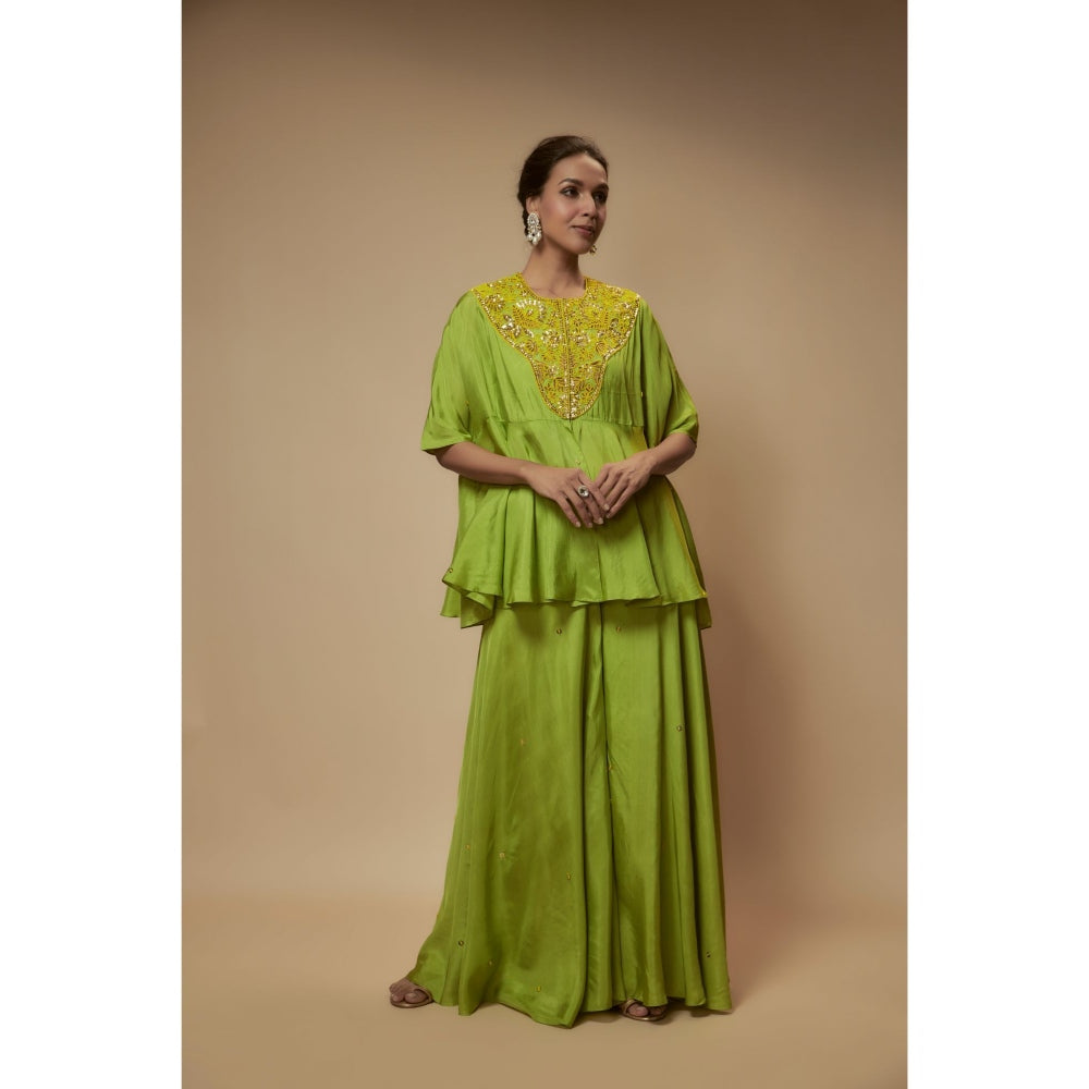 KEITH GOMES Green Silk Flare Palazzo With Top And Slip (Set of 3)