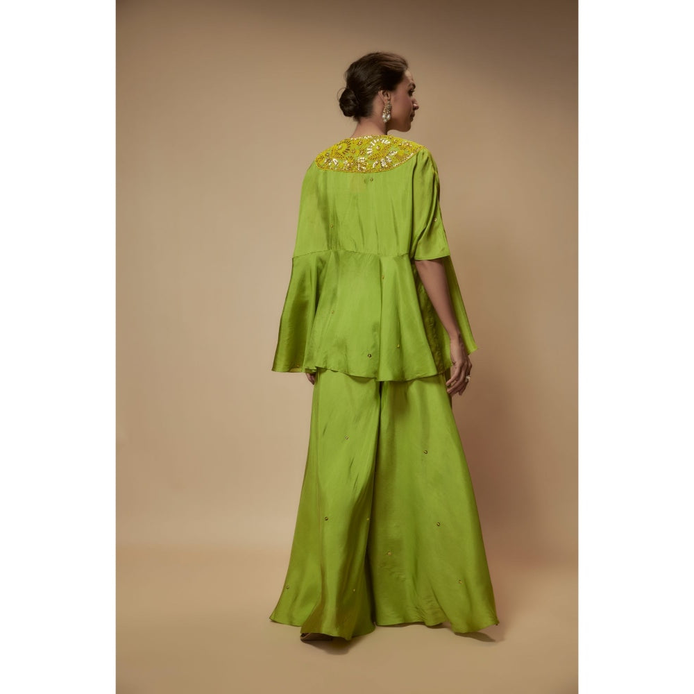 KEITH GOMES Green Silk Flare Palazzo With Top And Slip (Set of 3)