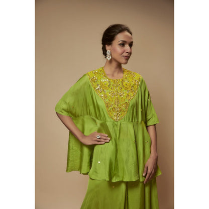 KEITH GOMES Green Silk Flare Palazzo With Top And Slip (Set of 3)