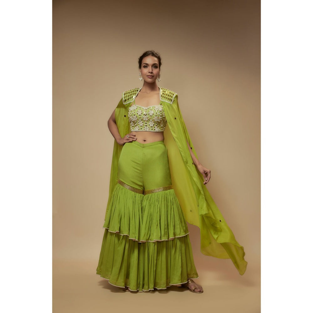 KEITH GOMES Green Silk Organza Cape With Blouse And Sharara (Set of 3)