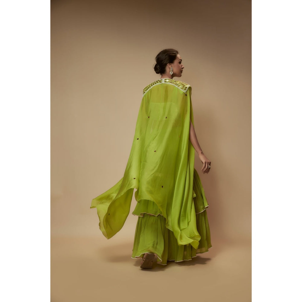 KEITH GOMES Green Silk Organza Cape With Blouse And Sharara (Set of 3)