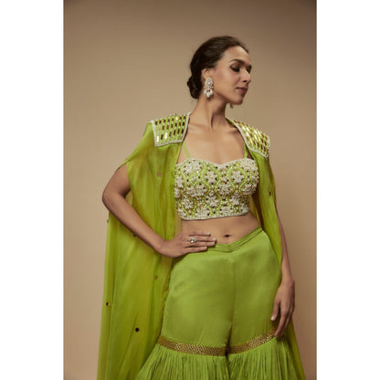 KEITH GOMES Green Silk Organza Cape With Blouse And Sharara (Set of 3)