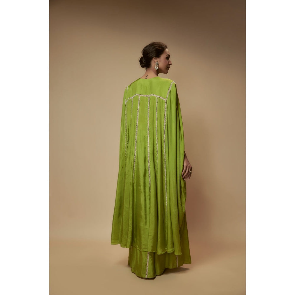 KEITH GOMES Green Silk Flare Palazzo With Cape Style Top (Set of 2)