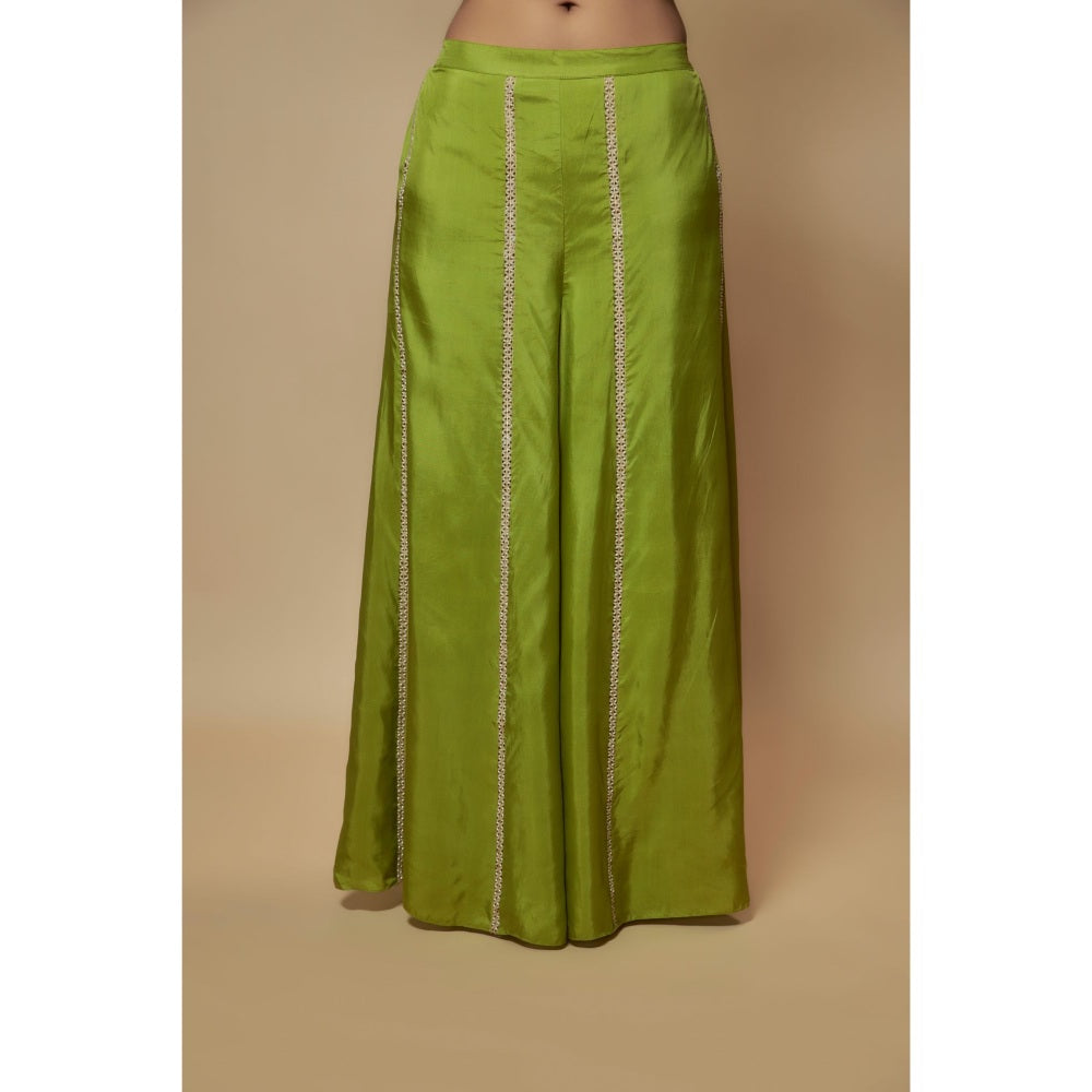 KEITH GOMES Green Silk Flare Palazzo With Cape Style Top (Set of 2)