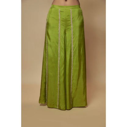 KEITH GOMES Green Silk Flare Palazzo With Cape Style Top (Set of 2)