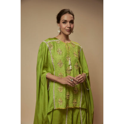 KEITH GOMES Green Silk Flare Palazzo With Cape Style Top (Set of 2)