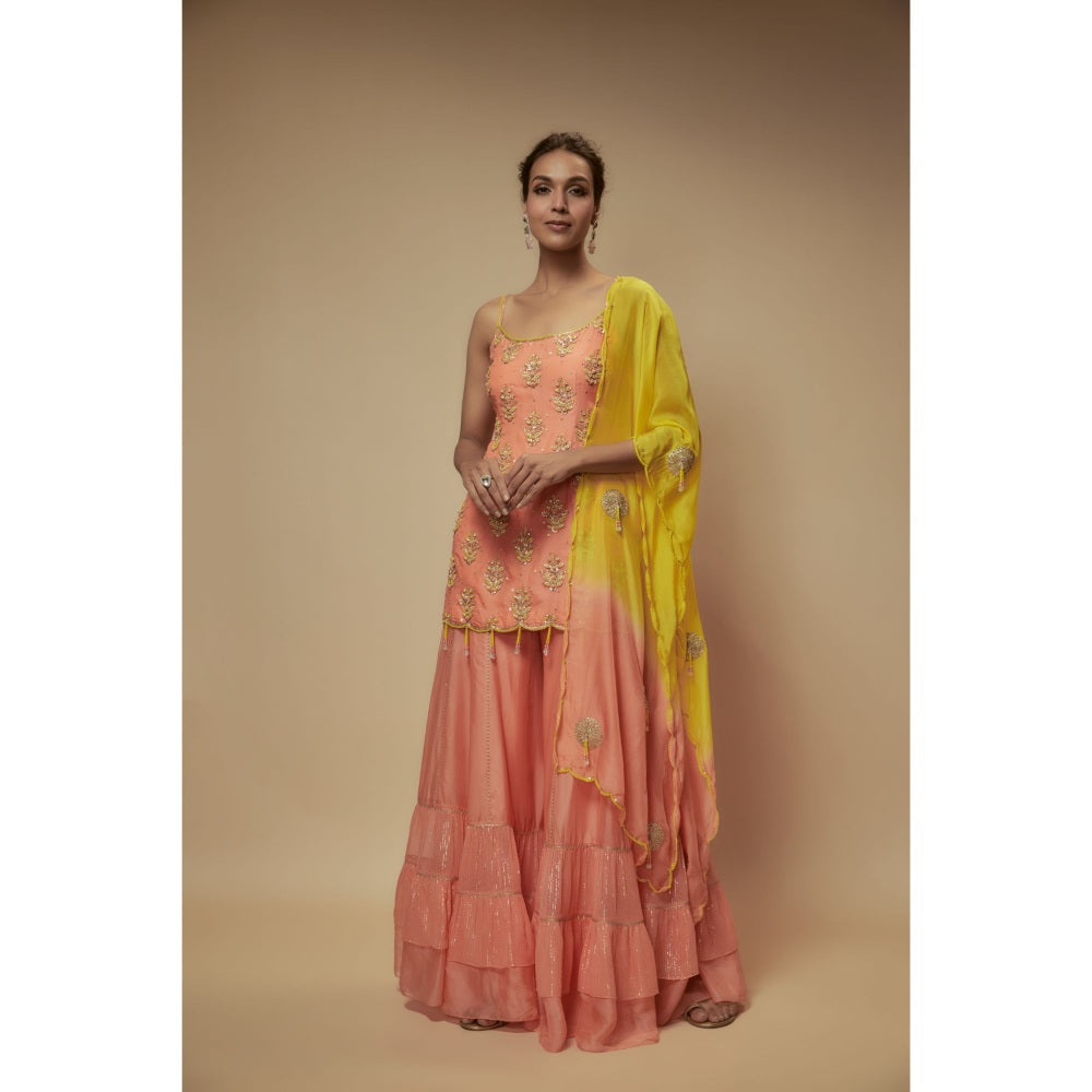 KEITH GOMES Peach Silk Organza Sharara With Kurti And Dupatta (Set of 3)