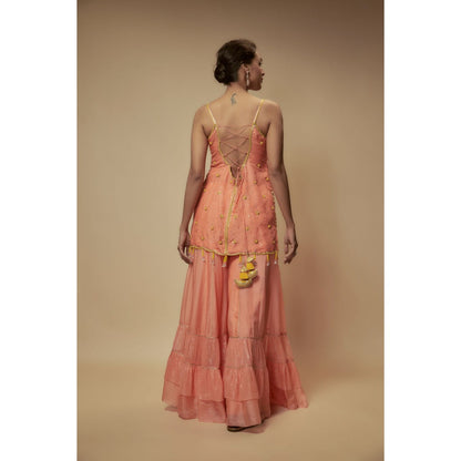 KEITH GOMES Peach Silk Organza Sharara With Kurti And Dupatta (Set of 3)