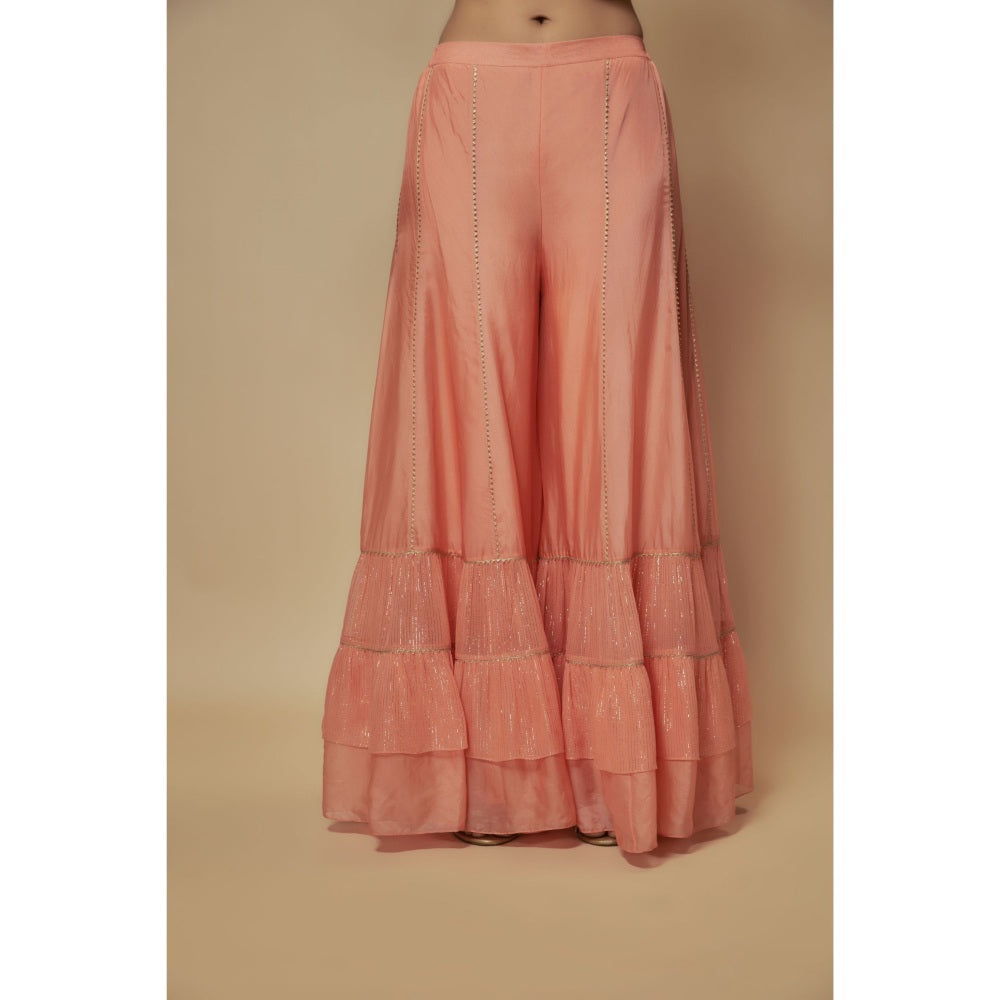 KEITH GOMES Peach Silk Organza Sharara With Kurti And Dupatta (Set of 3)