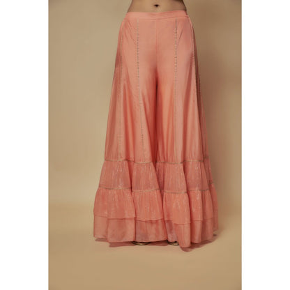 KEITH GOMES Peach Silk Organza Sharara With Kurti And Dupatta (Set of 3)