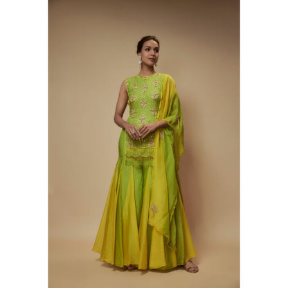 KEITH GOMES Green Silk Organza Top With Sharara And Dupatta (Set of 3)