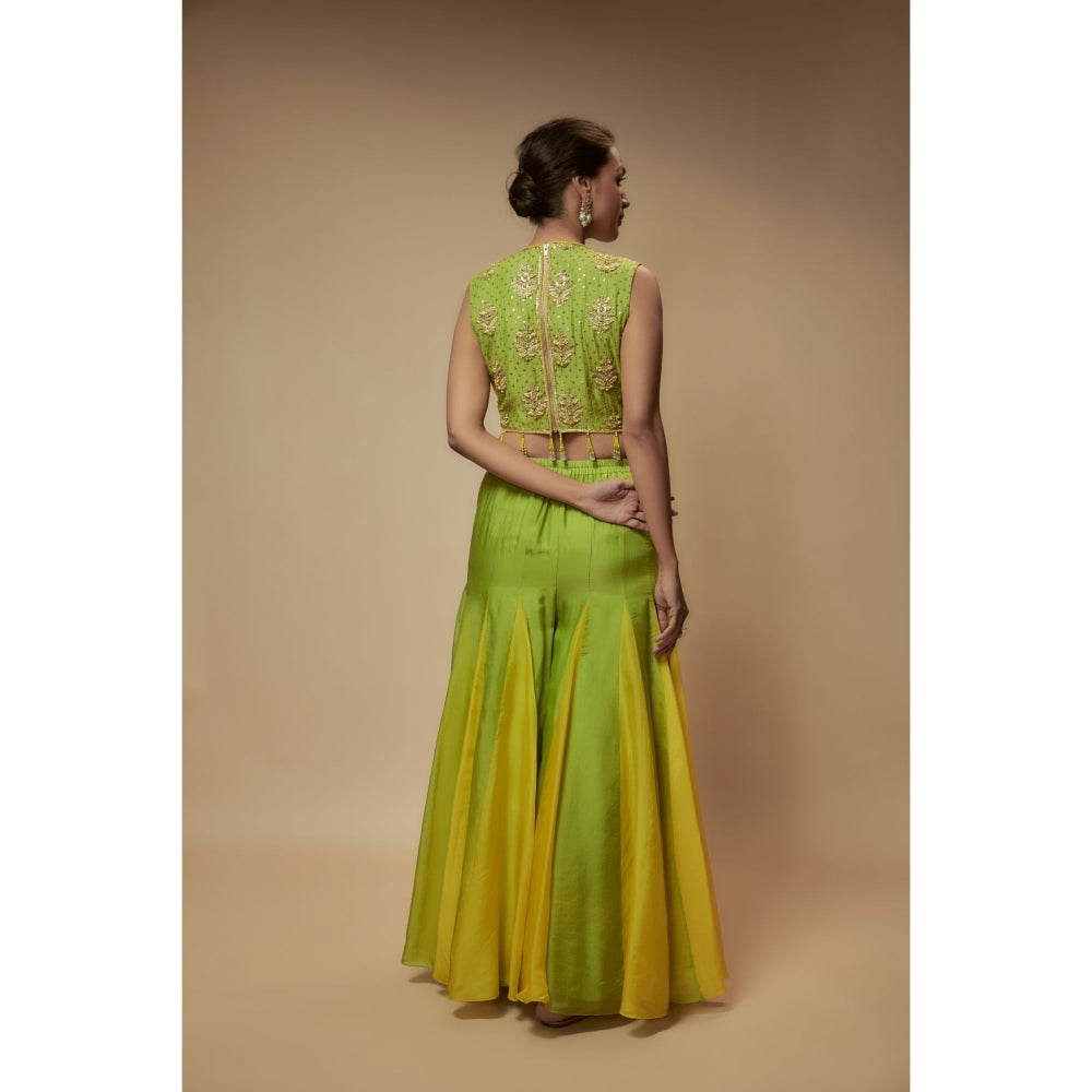 KEITH GOMES Green Silk Organza Top With Sharara And Dupatta (Set of 3)